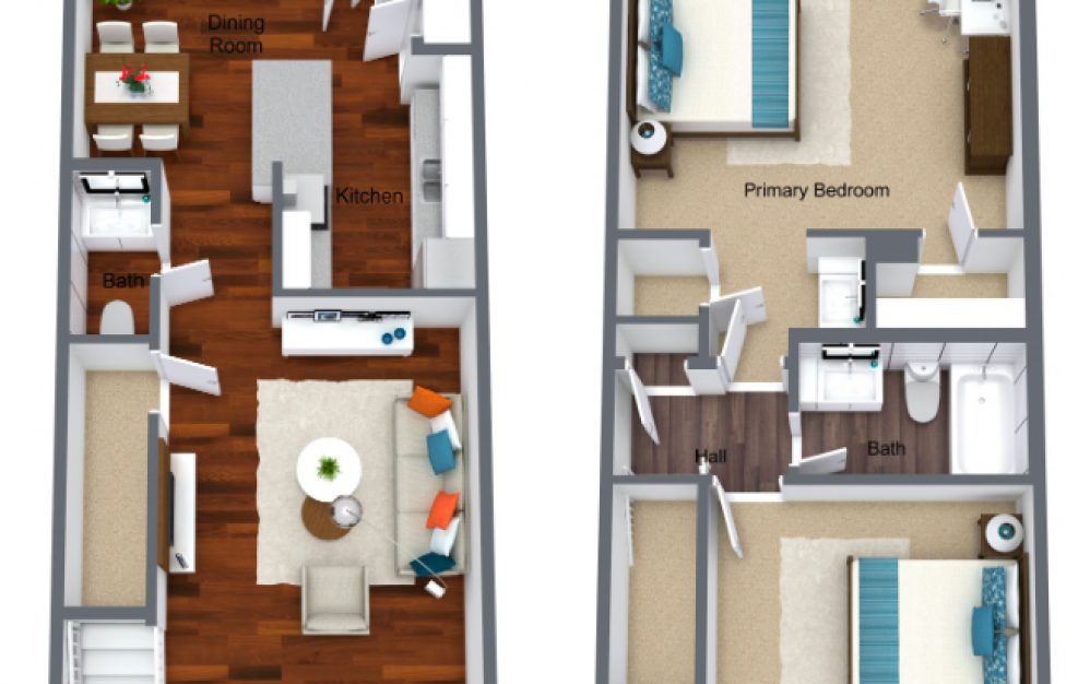 2 Bed 1.5 Bath TH - 2 bedroom floorplan layout with 1.5 bathroom and 1200 square feet